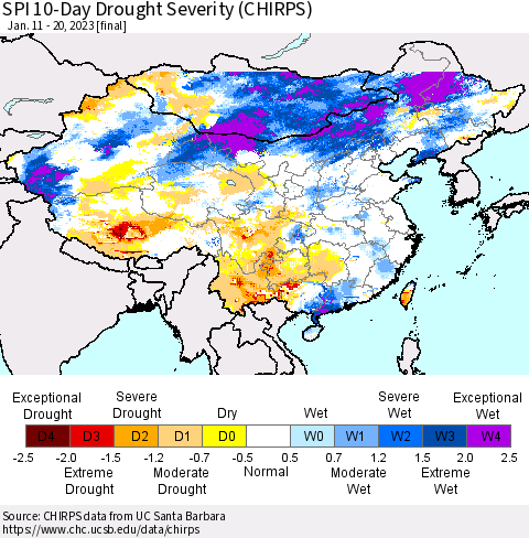 China, Mongolia and Taiwan SPI 10-Day Drought Severity (CHIRPS) Thematic Map For 1/11/2023 - 1/20/2023