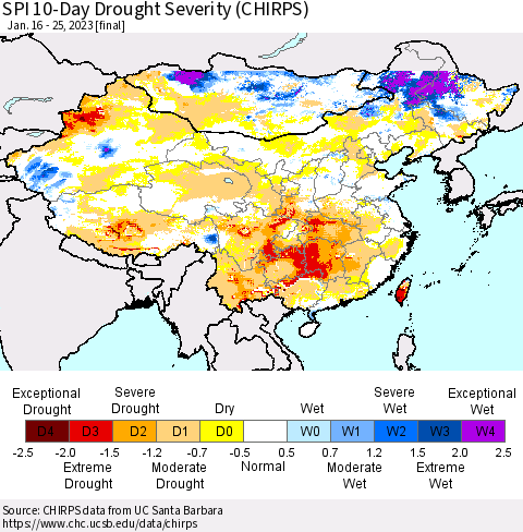 China, Mongolia and Taiwan SPI 10-Day Drought Severity (CHIRPS) Thematic Map For 1/16/2023 - 1/25/2023