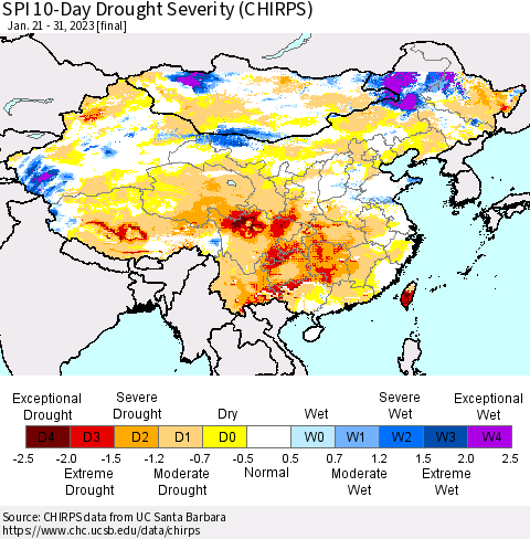 China, Mongolia and Taiwan SPI 10-Day Drought Severity (CHIRPS) Thematic Map For 1/21/2023 - 1/31/2023