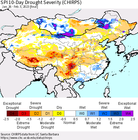 China, Mongolia and Taiwan SPI 10-Day Drought Severity (CHIRPS) Thematic Map For 1/26/2023 - 2/5/2023