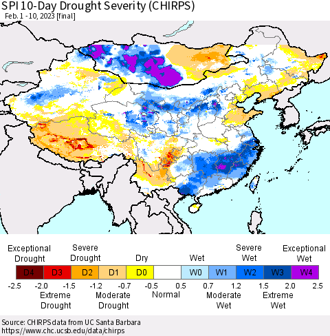 China, Mongolia and Taiwan SPI 10-Day Drought Severity (CHIRPS) Thematic Map For 2/1/2023 - 2/10/2023