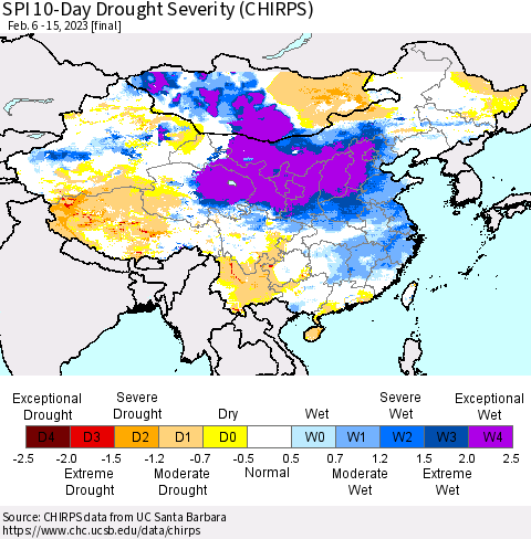 China, Mongolia and Taiwan SPI 10-Day Drought Severity (CHIRPS) Thematic Map For 2/6/2023 - 2/15/2023