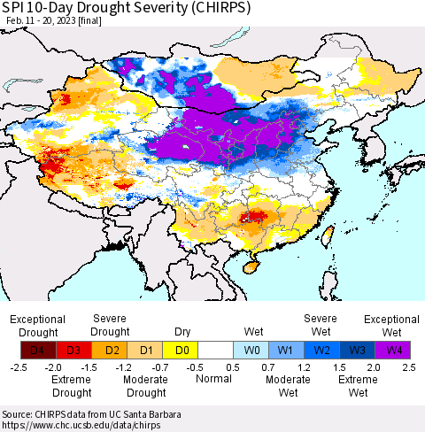China, Mongolia and Taiwan SPI 10-Day Drought Severity (CHIRPS) Thematic Map For 2/11/2023 - 2/20/2023