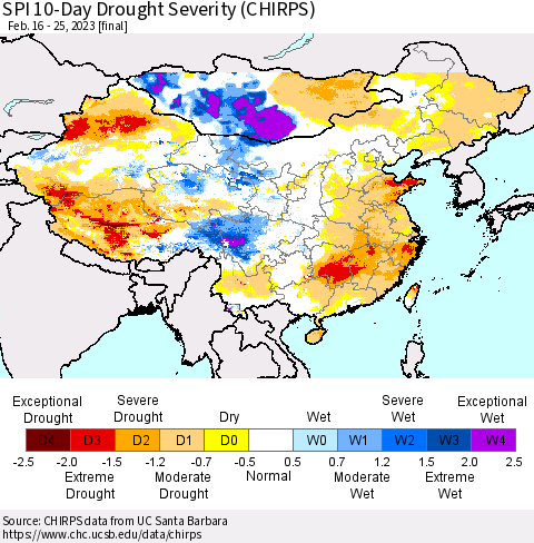 China, Mongolia and Taiwan SPI 10-Day Drought Severity (CHIRPS) Thematic Map For 2/16/2023 - 2/25/2023