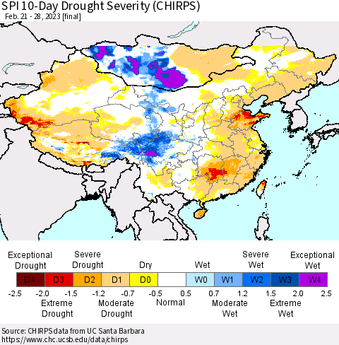 China, Mongolia and Taiwan SPI 10-Day Drought Severity (CHIRPS) Thematic Map For 2/21/2023 - 2/28/2023