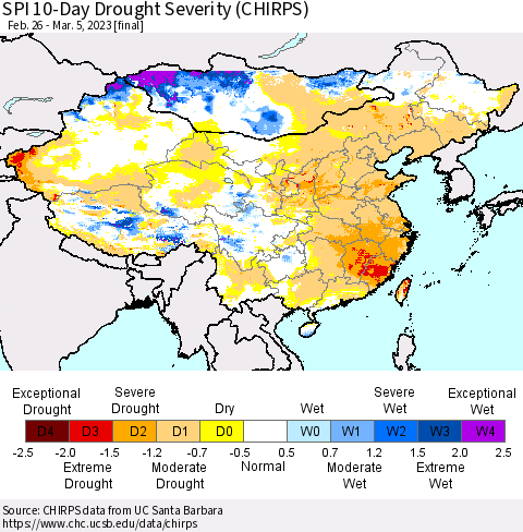 China, Mongolia and Taiwan SPI 10-Day Drought Severity (CHIRPS) Thematic Map For 2/26/2023 - 3/5/2023