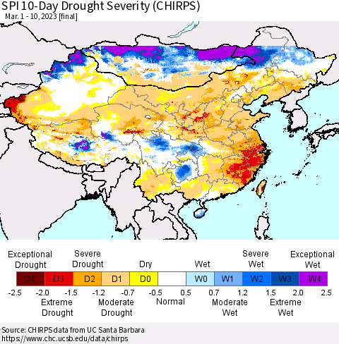 China, Mongolia and Taiwan SPI 10-Day Drought Severity (CHIRPS) Thematic Map For 3/1/2023 - 3/10/2023