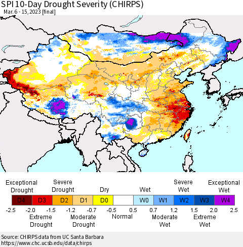 China, Mongolia and Taiwan SPI 10-Day Drought Severity (CHIRPS) Thematic Map For 3/6/2023 - 3/15/2023