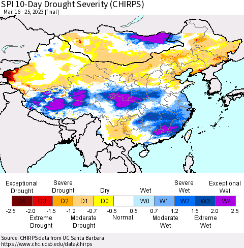 China, Mongolia and Taiwan SPI 10-Day Drought Severity (CHIRPS) Thematic Map For 3/16/2023 - 3/25/2023