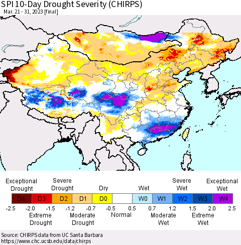 China, Mongolia and Taiwan SPI 10-Day Drought Severity (CHIRPS) Thematic Map For 3/21/2023 - 3/31/2023