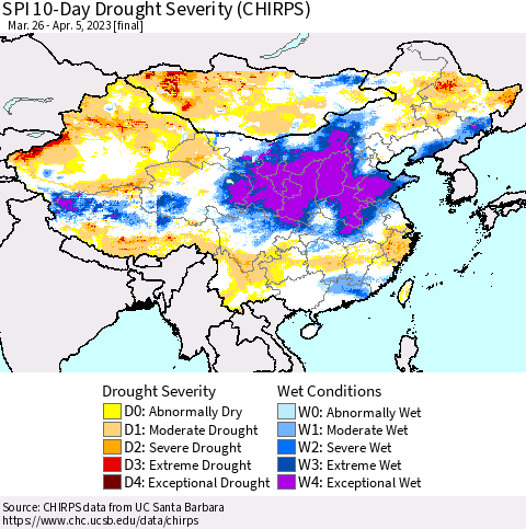 China, Mongolia and Taiwan SPI 10-Day Drought Severity (CHIRPS) Thematic Map For 3/26/2023 - 4/5/2023