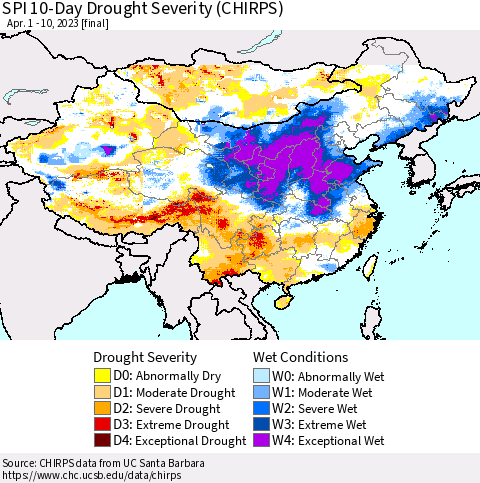 China, Mongolia and Taiwan SPI 10-Day Drought Severity (CHIRPS) Thematic Map For 4/1/2023 - 4/10/2023