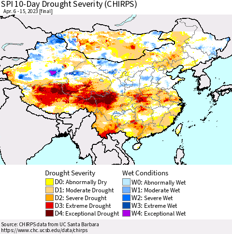 China, Mongolia and Taiwan SPI 10-Day Drought Severity (CHIRPS) Thematic Map For 4/6/2023 - 4/15/2023