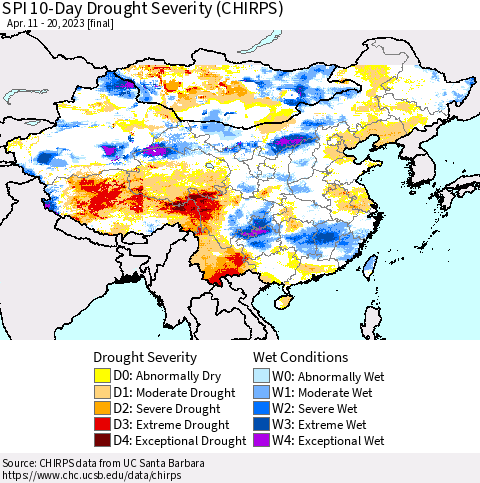 China, Mongolia and Taiwan SPI 10-Day Drought Severity (CHIRPS) Thematic Map For 4/11/2023 - 4/20/2023