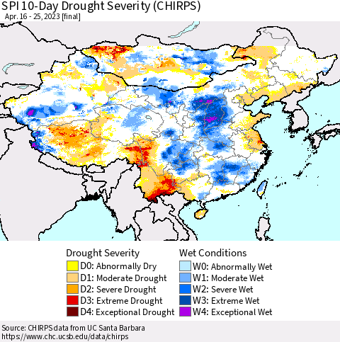 China, Mongolia and Taiwan SPI 10-Day Drought Severity (CHIRPS) Thematic Map For 4/16/2023 - 4/25/2023
