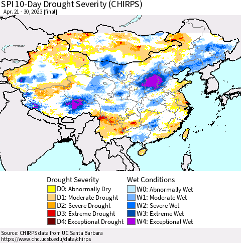 China, Mongolia and Taiwan SPI 10-Day Drought Severity (CHIRPS) Thematic Map For 4/21/2023 - 4/30/2023