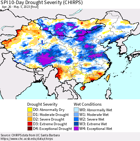 China, Mongolia and Taiwan SPI 10-Day Drought Severity (CHIRPS) Thematic Map For 4/26/2023 - 5/5/2023