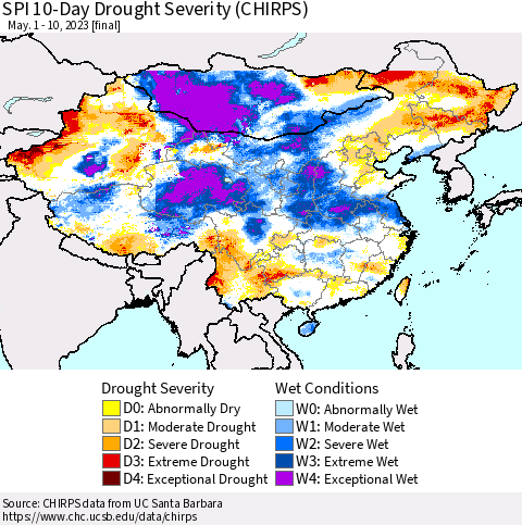 China, Mongolia and Taiwan SPI 10-Day Drought Severity (CHIRPS) Thematic Map For 5/1/2023 - 5/10/2023