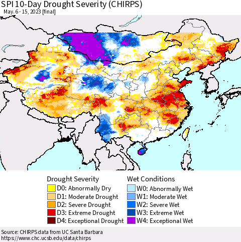 China, Mongolia and Taiwan SPI 10-Day Drought Severity (CHIRPS) Thematic Map For 5/6/2023 - 5/15/2023