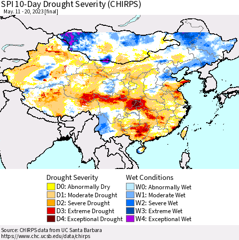 China, Mongolia and Taiwan SPI 10-Day Drought Severity (CHIRPS) Thematic Map For 5/11/2023 - 5/20/2023