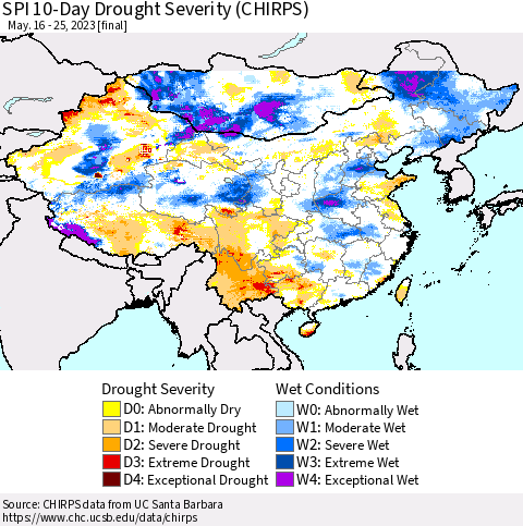 China, Mongolia and Taiwan SPI 10-Day Drought Severity (CHIRPS) Thematic Map For 5/16/2023 - 5/25/2023