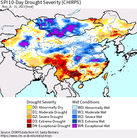China, Mongolia and Taiwan SPI 10-Day Drought Severity (CHIRPS) Thematic Map For 5/21/2023 - 5/31/2023