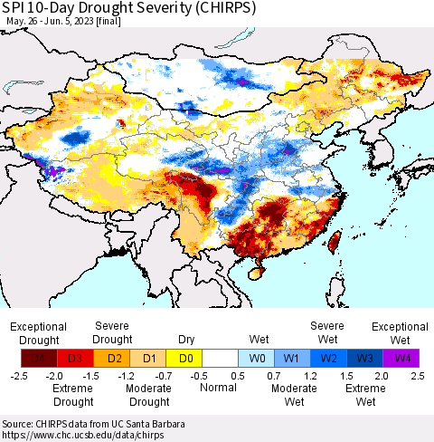 China, Mongolia and Taiwan SPI 10-Day Drought Severity (CHIRPS) Thematic Map For 5/26/2023 - 6/5/2023