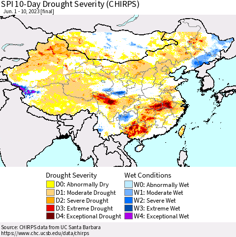 China, Mongolia and Taiwan SPI 10-Day Drought Severity (CHIRPS) Thematic Map For 6/1/2023 - 6/10/2023