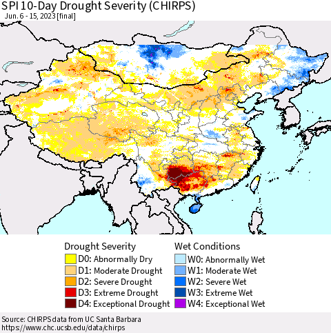 China, Mongolia and Taiwan SPI 10-Day Drought Severity (CHIRPS) Thematic Map For 6/6/2023 - 6/15/2023