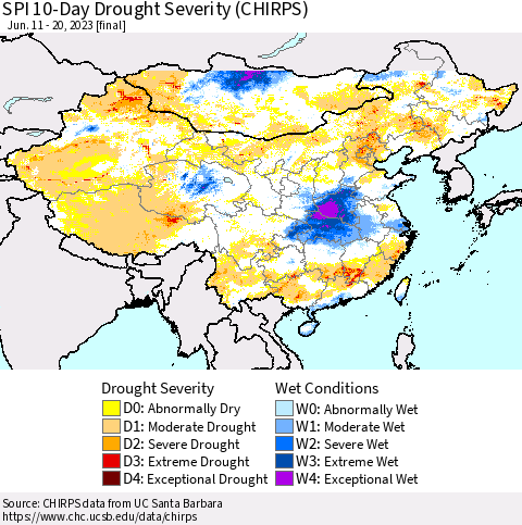China, Mongolia and Taiwan SPI 10-Day Drought Severity (CHIRPS) Thematic Map For 6/11/2023 - 6/20/2023