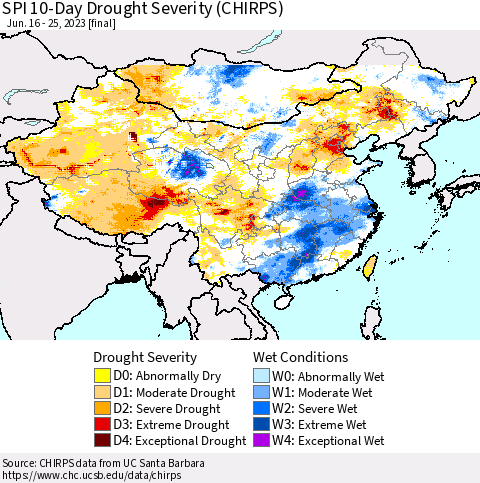 China, Mongolia and Taiwan SPI 10-Day Drought Severity (CHIRPS) Thematic Map For 6/16/2023 - 6/25/2023