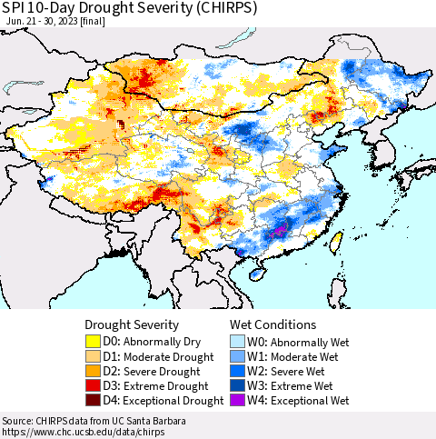 China, Mongolia and Taiwan SPI 10-Day Drought Severity (CHIRPS) Thematic Map For 6/21/2023 - 6/30/2023