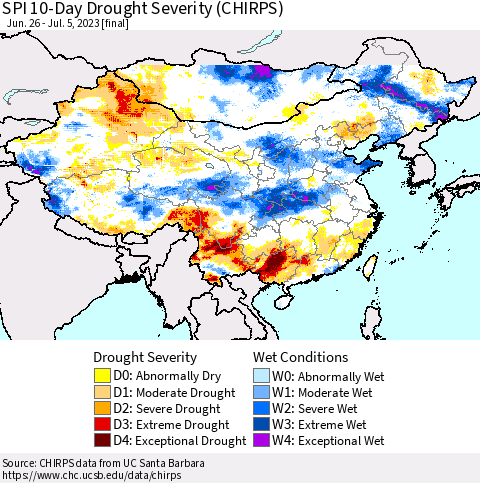 China, Mongolia and Taiwan SPI 10-Day Drought Severity (CHIRPS) Thematic Map For 6/26/2023 - 7/5/2023