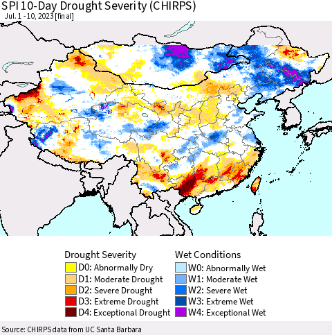 China, Mongolia and Taiwan SPI 10-Day Drought Severity (CHIRPS) Thematic Map For 7/1/2023 - 7/10/2023