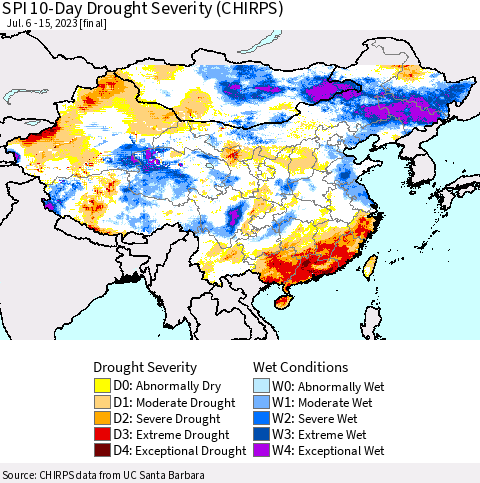 China, Mongolia and Taiwan SPI 10-Day Drought Severity (CHIRPS) Thematic Map For 7/6/2023 - 7/15/2023