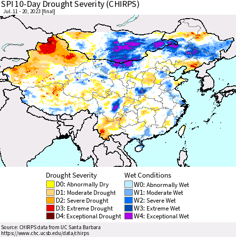 China, Mongolia and Taiwan SPI 10-Day Drought Severity (CHIRPS) Thematic Map For 7/11/2023 - 7/20/2023