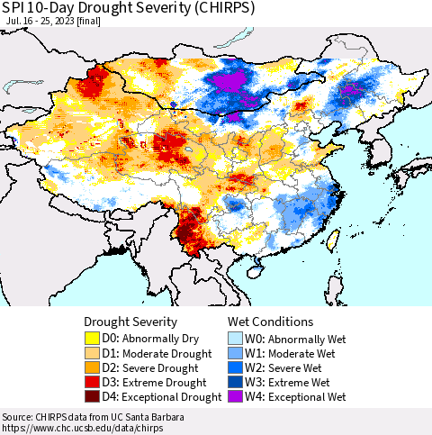 China, Mongolia and Taiwan SPI 10-Day Drought Severity (CHIRPS) Thematic Map For 7/16/2023 - 7/25/2023