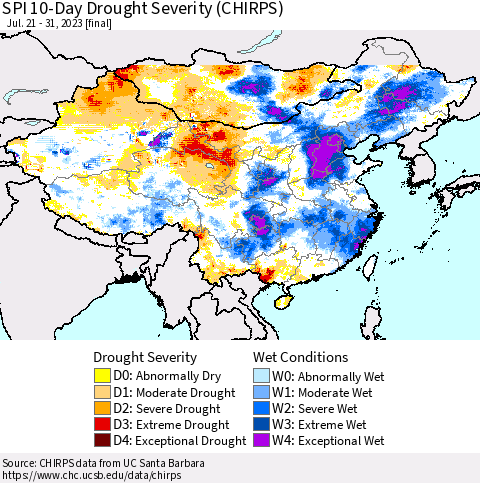 China, Mongolia and Taiwan SPI 10-Day Drought Severity (CHIRPS) Thematic Map For 7/21/2023 - 7/31/2023
