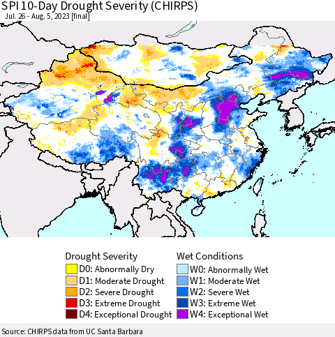 China, Mongolia and Taiwan SPI 10-Day Drought Severity (CHIRPS) Thematic Map For 7/26/2023 - 8/5/2023
