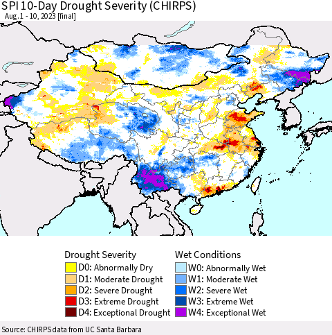 China, Mongolia and Taiwan SPI 10-Day Drought Severity (CHIRPS) Thematic Map For 8/1/2023 - 8/10/2023