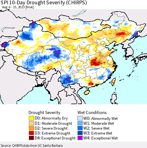 China, Mongolia and Taiwan SPI 10-Day Drought Severity (CHIRPS) Thematic Map For 8/6/2023 - 8/15/2023