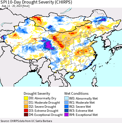 China, Mongolia and Taiwan SPI 10-Day Drought Severity (CHIRPS) Thematic Map For 8/11/2023 - 8/20/2023