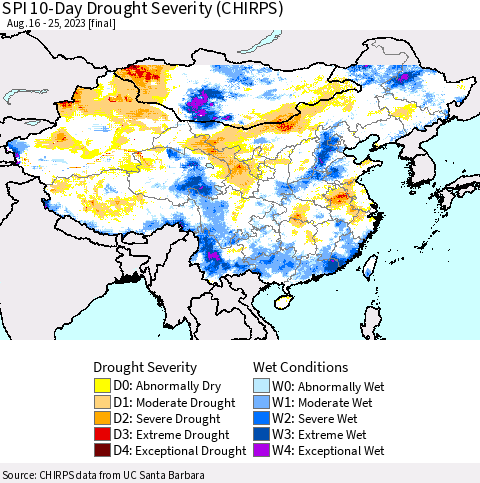 China, Mongolia and Taiwan SPI 10-Day Drought Severity (CHIRPS) Thematic Map For 8/16/2023 - 8/25/2023