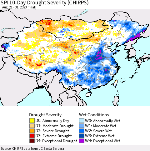China, Mongolia and Taiwan SPI 10-Day Drought Severity (CHIRPS) Thematic Map For 8/21/2023 - 8/31/2023