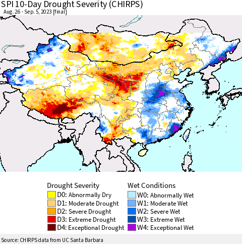 China, Mongolia and Taiwan SPI 10-Day Drought Severity (CHIRPS) Thematic Map For 8/26/2023 - 9/5/2023