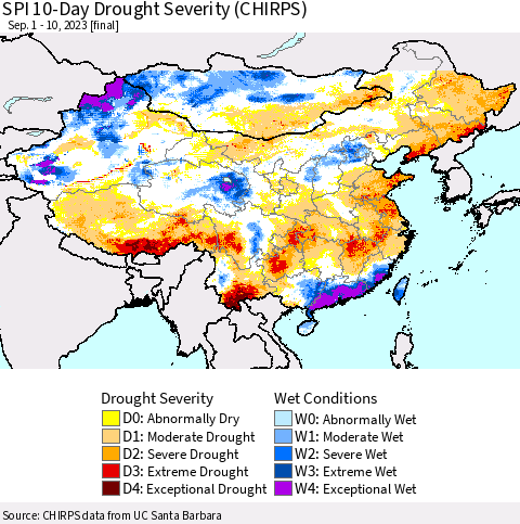 China, Mongolia and Taiwan SPI 10-Day Drought Severity (CHIRPS) Thematic Map For 9/1/2023 - 9/10/2023