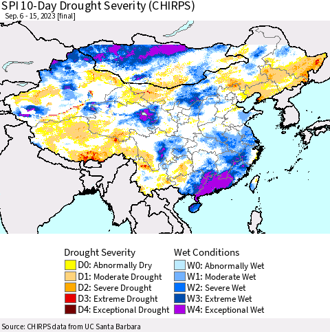 China, Mongolia and Taiwan SPI 10-Day Drought Severity (CHIRPS) Thematic Map For 9/6/2023 - 9/15/2023
