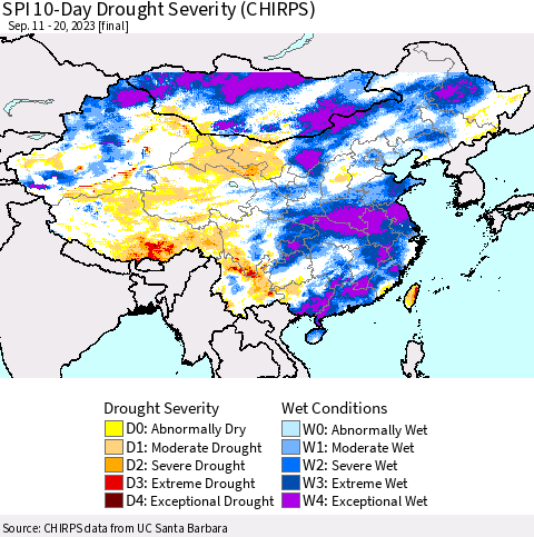 China, Mongolia and Taiwan SPI 10-Day Drought Severity (CHIRPS) Thematic Map For 9/11/2023 - 9/20/2023