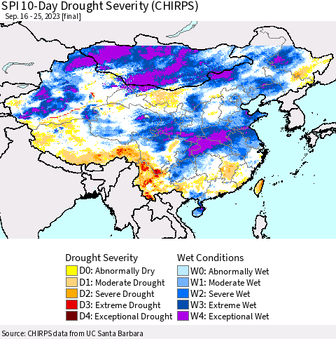 China, Mongolia and Taiwan SPI 10-Day Drought Severity (CHIRPS) Thematic Map For 9/16/2023 - 9/25/2023