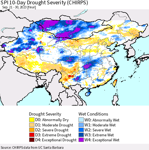 China, Mongolia and Taiwan SPI 10-Day Drought Severity (CHIRPS) Thematic Map For 9/21/2023 - 9/30/2023